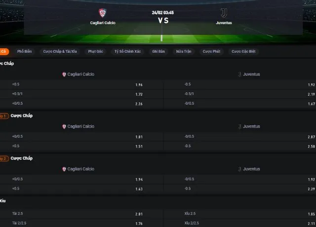 Bảng tỷ lệ kèo trận Cagliari vs Juventus